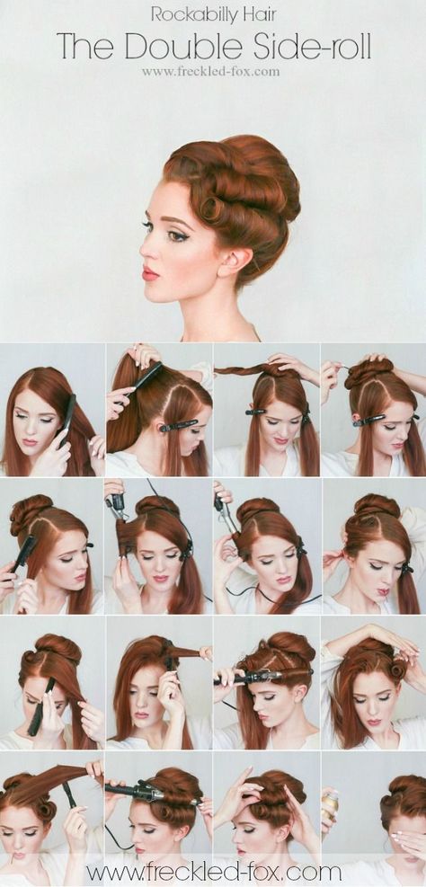 Hair Tutorial rockabilly vintage stle                                                                                                                                                                                 More Stile Pin Up, Cabelo Pin Up, Freckled Fox, 1950s Hairstyles, 50s Hairstyles, Hair Dyed, Victory Rolls, 1940s Hairstyles, Rockabilly Hair