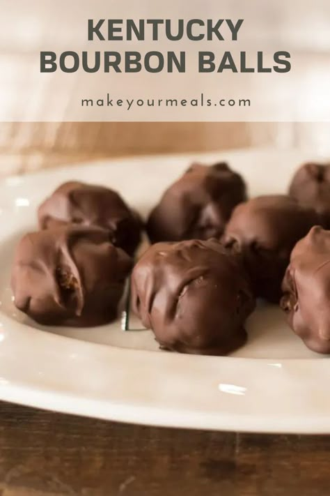 Chocolate covered Kentucky Bourbon Balls Candy on a serving platter. From makeyourmeals.com. Bourbon Balls Recipe, Booze Board, Kentucky Derby Recipes, Fall Snack Mixes, Julep Recipe, Flavored Nuts, Bourbon Cream, Bourbon Balls, Bourbon Recipes