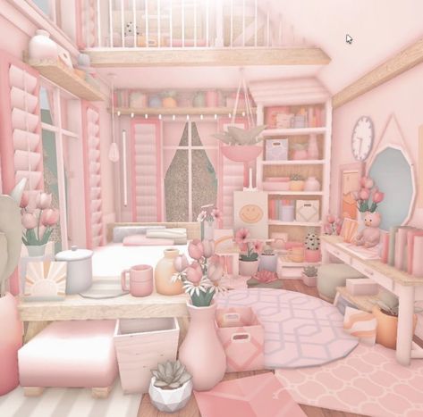 Bloxburg Bedroom Ideas Pastel, Bloxburg Detailed Bedroom, Cute Pink Bloxburg House, Bloxburg Blush Bedroom, Bloxburg Pastel House, Bloxburg Pink Bedroom, Pink Bloxburg Room, Kawaii Bloxburg House, Blush House Bloxburg