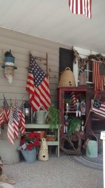 July 4th Porch Decor, Patriotic Porch Decor, Patriotic Porch, July 4th Decor, Primitive Americana, Country Porch, Fourth Of July Decor, Patriotic Crafts, Americana Decor