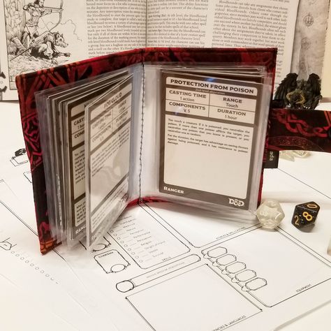 Softcover Spell book features 18 pages & holds 36 cards for your favorite trading card or tabletop roleplaying game. Use with spell cards, Magical item cards, Monster cards etc. Dnd Spellbook Diy, D&d Spell Cards, Dnd Spell Cards Template, Spell Cards Dnd, Dnd Organizer, Magic Tomes, Spellbook Diy, Dnd Store, Dnd Spell Book