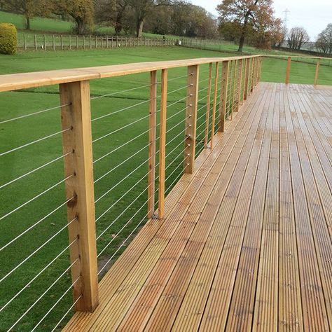 Boundary Fencing 1 Wood Fence With Cable Wire, Cable Fencing Around Pool, Cable Wire Fence, Cottage Deck Ideas, Cable Fence, Fence With Wire, Wire Fence Ideas, Cable Fencing, Fences Design