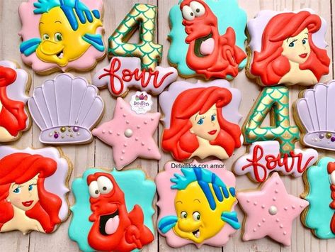 Ariel Birthday Cookies, Ariel Cookies Decorated, Little Mermaid Cookies Decorated, Ariel Cookies, Little Mermaid Cookies, Ariel Cakes, The Little Mermaid Birthday Party, Ariel Birthday Party, Mermaid Cookies