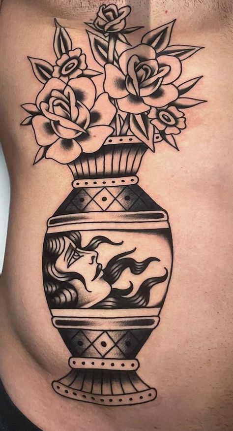 Black Traditional Vase Tattoo, Traditional Vase Tattoo Design, Vase Tattoo Color, Flowers Vase Tattoo, Traditional Flower Pot Tattoo, Old School Vase Tattoo, American Traditional Vase Tattoo, Traditional Flower Vase Tattoo, Vase Traditional Tattoo