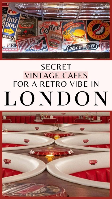 A local's guide to the best vintage cafes in London and retro tea shops to have breakfast, afternoon tea, or cozy up with a hot beverage and a homemade pastry! - - - - best vintage places in london - retro cafes in london - retro coffee shop in london aesthetic - old cafes in london - historic cafes in london - best tea shops in london - best breakfast in london travel guide - vintage coffee shop in london bucket list - london food guide - best places to eat in london - best food in london - cute cafes in london instagrammable 1940s London Aesthetic, London Tea Room, Scandinavian Vacation, Retro Coffee Shop, Best Food In London, London Coffee Shop, England Spring, London Afternoon Tea, Stonehenge England