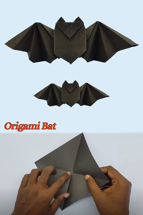 Bat Origami Easy, Origami Bat Tutorial, How To Make A Bat, Halloween Origami Step By Step, Halloween Origami Easy, Origami Ideas Easy, Origami Bats, Bat Origami, Origami Bat