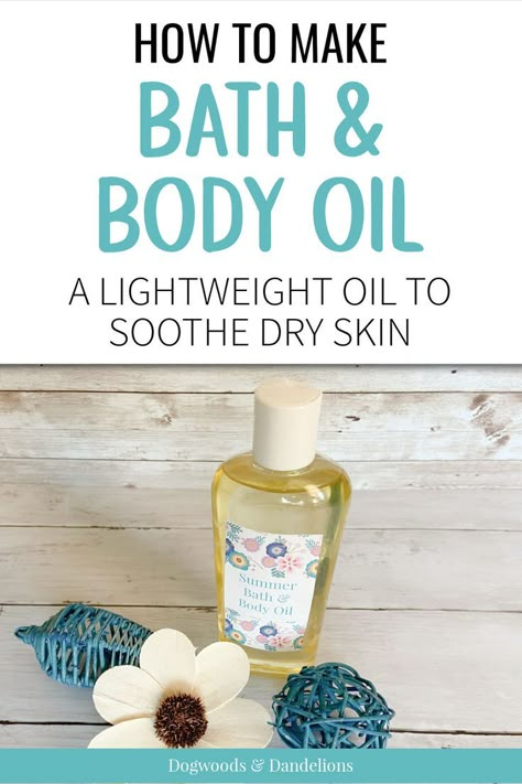 a bottle of bath & body oil surrounded by a flower and wooden ornaments Diy Soap For Dry Skin, Diy After Shower Body Oil Spray, Diy Body Oil Spray, Diy Dry Oil, Shower Oil Diy, Diy Body Oil For Dry Skin, Homemade Body Oil Diy, Vanilla Body Oil Diy, Body Oil Diy Recipe