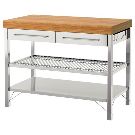 IKEA - RIMFORSA, Work bench, Gives you extra storage, utility and work space.The bottom shelf is designed for storing pots and pans.The hooks on the side of the workbench are perfect for hanging utensils or towels.You can adjust the shelves to suit your needs. Kitchen Work Bench, Garage Storage Units, Kitchen Prep Table, Kitchen Work Tables, Kitchen Island Trolley, Kitchen Island Storage, Ikea Kitchen Island, Kitchen Stand, Prep Kitchen