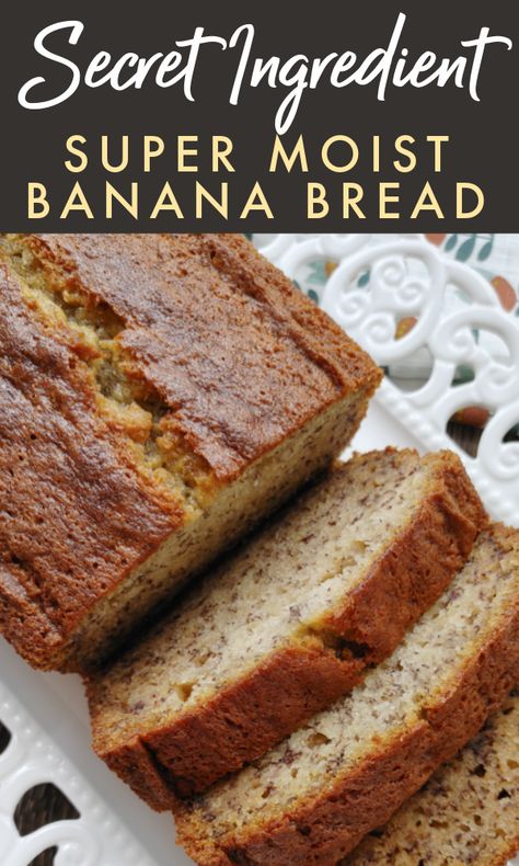 This is a photo of Secret Ingredient Super Moist Banana Bread sliced and served on a white plater. Dessert Loaves, Bananas Recipes, Banana Bread Recipe Easy Moist, Super Moist Banana Bread, Perfect Banana Bread, Breads Recipes, Banana Nut Bread Recipe, Nut Bread Recipe, Banana Bread Recipe Moist