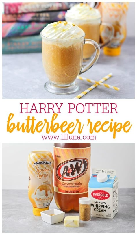 Butterbeer is a rich, delicious chilled drink with butterscotch flavoring. It is alcohol-free and perfect for sharing on any occasion! #butterbeer #harrypotter #drink #alcoholfree #drinkrecipes Barista Ideas, Movie Night Birthday Party Ideas, Alcoholic Butterbeer, Homemade Butterbeer, Butter Beer Recipe Harry Potter, Frozen Butterbeer, Harry Potter Snacks, Butterscotch Syrup, Movie Night Birthday