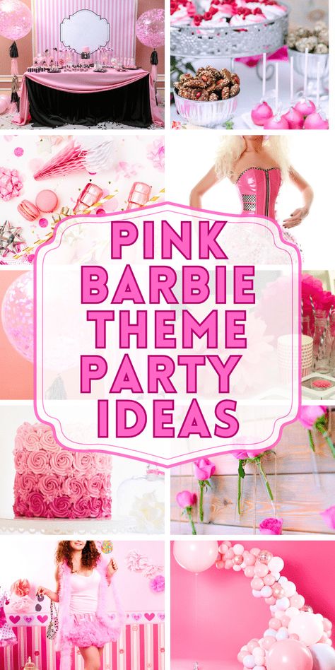 49 Barbie Inspired Party Ideas For Kids and Adults (Pink Barbie Doll Parties) - DIY Barbie party ideas decoration tips, Barbie party themed birthday, Barbie party food and fun Barbie party favors ideas. The ultimate guide to a fun Barbie watch party or pink themed party for Barbie fans! #barbieparty #pinkparties #themeparty Barbie Birthday Party Drinks, Barbie Parties For Adults, Barbie Theme Halloween Party, Barbie Doll Party Ideas, Pink Barbie Theme Party, Barbie Inspired Appetizers, Barbie Themed Recipes, Pastel Pink Party Decorations, Barbie Party On A Budget