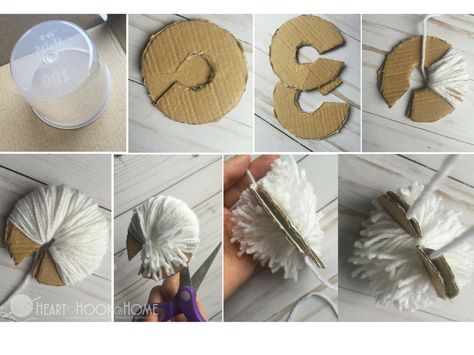 Making pom poms out of yarn, you can use toilet paper rolls or a fork, or chair legs or even a cardboard cutout. The possibilities are endless! Pom Pom Template, Making Pom Poms, Clover Pom Pom Maker, Pom Pom Rug, Diy Pom Pom, How To Make A Pom Pom, Pom Pom Maker, Diy Yarn Crafts, Lamb Decorations