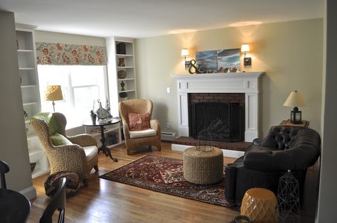 Cottage Small Living Room, Pottery Barn Leather Sofa, Fireplace Bookcases, Small Ranch House, 1940s Cottage, Two Story House, Living Room Images, Interior Remodel, Home Additions