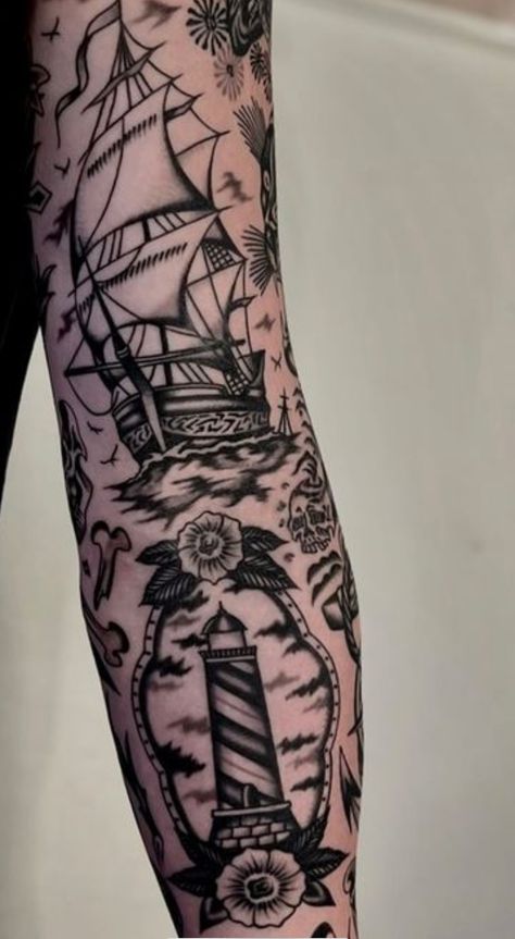 American Traditional Tattoos Sailor, Sea Ship Tattoo, Ship At Sea Tattoo, Navy Sleeve Tattoo, Inner Bicep Tattoo Men Traditional, Shellback Tattoo Navy, Carribean Tattoos Men, Nautical Hand Tattoo, Classic Tattoo Sleeve