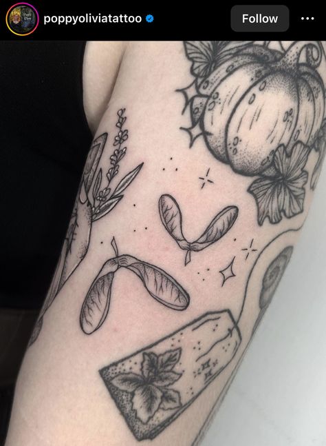 Good Patchwork Tattoos, Hummingbird Elbow Tattoo, Witch Tattoo Filler, Whimsigoth Tattoo Sleeve, Girly Filler Tattoos, Goth Cottagecore Tattoo, Spooky Filler Tattoo Ideas, Connector Tattoos, Spooky Arm Tattoo