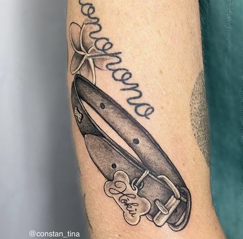 Beautiful memorial tattoo for a very loved pet Done by @constan_tina #femaletattooartist #floridatattoo #dogtattoo #watercolortattoo #springbreak2023 #fortlauderdale #dog #memorialtattoo #blackandgreytattoo Dog Collar Tattoo Memorial, Dog Collar Tattoo, Tattoo Memorial, Collar Tattoo, Florida Tattoos, Dog Memorial Tattoos, Female Tattoo Artists, Memorial Tattoo, Memorial Tattoos