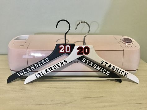 hockey jersey hangers | grosse ile islanders | cricut creations by Dsigns Hockey Ideas For Tournaments, Ringette Crafts, Hockey Gifts For Team Diy, Diy Hockey Gifts, Hockey Team Christmas Gift Ideas, Hockey Gifts For Team, Hockey Crafts Diy Gift Ideas, Jersey Hangers, Hockey Hangers Diy