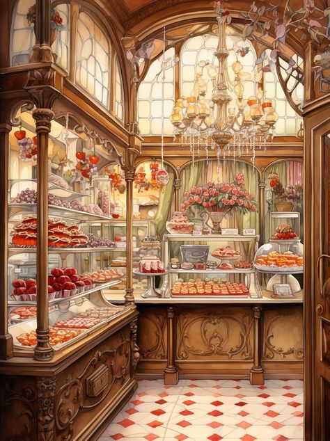 Cafe Inside Drawing, Cozy Cafe Drawing, Bakery Wallpaper Backgrounds, Cute Bakery Drawing, Dessert Wallpaper Aesthetic, Cozy Background Aesthetic, Aesthetic Bakery Interior, Cozy Bakery Aesthetic, Pastry Wallpaper