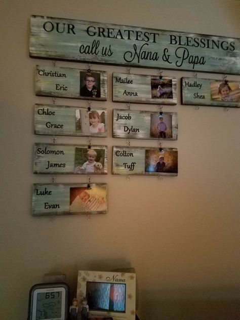 Grandkids Wall Display, Grandkid Wall Ideas, Display Grandkids Photos, Grandkids Photo Wall Ideas, Grandkid Photo Wall, Grandkids Picture Wall Ideas, Grandkids Wall Decor Ideas, Small Wood Pictures, Rustic Family Photos