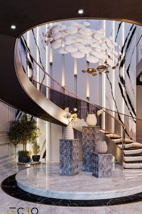 HALLS & ENTRYWAYS Modern Luxury Staircase, Luxury Staircase Design, Foyer Interior Design, Villa Stairs, Foyer Interior, Elegant Staircase, Staircase Design Ideas, Luxury Staircase, Luxxu Modern Design Living