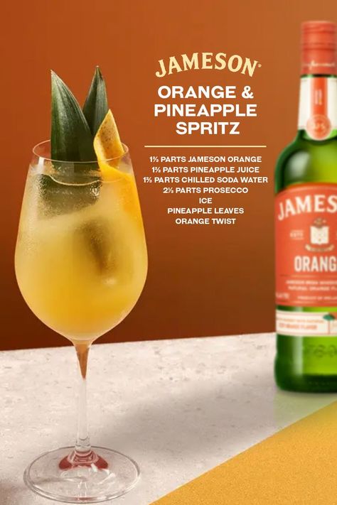 Pin this as your first whiskey spritz recipe. Jameson Orange and prosecco blend with chilled soda water to make a spritz that will probably become your simple cocktail of the summer. Jameson Drinks Cocktails, Drinks With Jameson Orange, Orange Jameson Drinks, Orange Jameson Cocktails, Jameson Orange Recipes, Jameson Recipes, Orange Whiskey Drinks, Jameson Whiskey Drinks Cocktail Recipes, Jameson Orange Cocktails