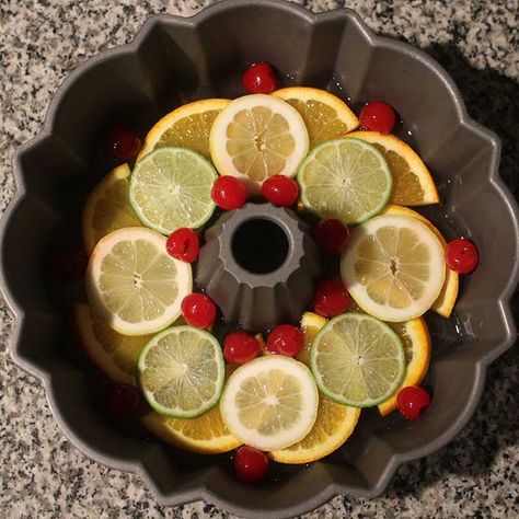 Punch Bowl Ice Ring http://www.prevention.com/food/easy-bundt-pan-recipes/slide/9 Punch Bowl Cake Recipe, T Cake, Bundt Pan Recipes, Ice Ring, Lemon Dessert Recipes, Party Punch, Fruit Slice, Chicken Feed, Sangria Recipes