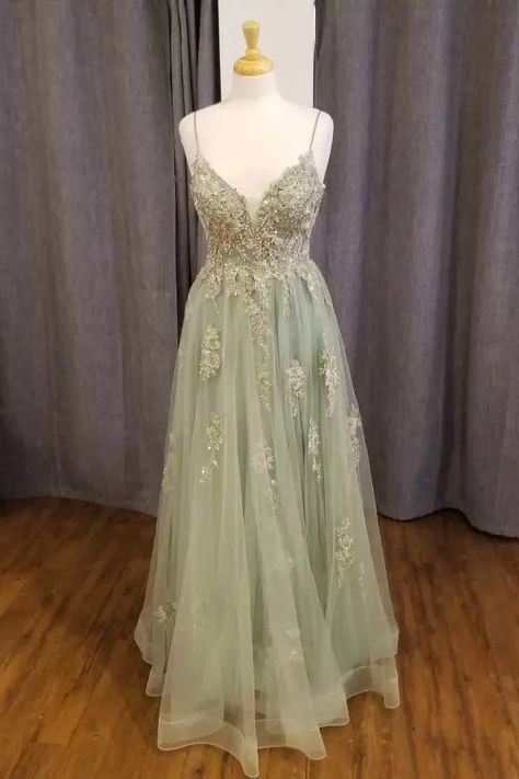 Prom Dresses 2023 Sage Green, Sage Dress With Sleeves, Save Green Dress, Sage Green Floral Prom Dress, Highschool Prom Dresses Green, Light Green Lace Prom Dress, Prom Dresses Long Sage Green, Prom Dress Floral Lace, Sage Green Flowy Prom Dress