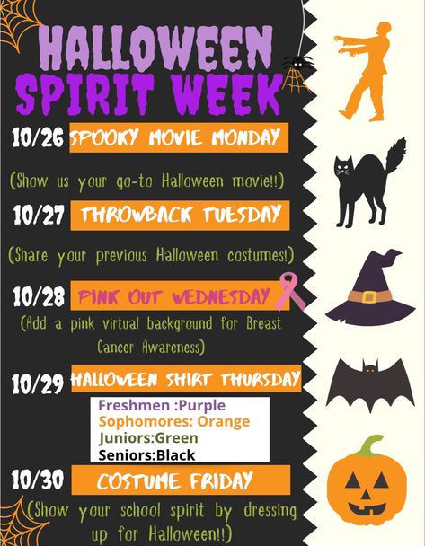 This is my highschools virtual upcoming spirit week for 2020. Because everything is online, i recommend creating a Padlet to allow students to share there pictures. October Spirit Week Ideas, Thanksgiving Spirit Week Ideas, Thanksgiving Spirit Week, Spirit Week Flyer, Holiday Spirit Week, Spirit Week Themes, Spirit Week Ideas, Spirt Halloween, Spirit Day Ideas