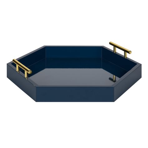 Kate and Laurel Lipton Hexagon Decorative Tray with Polished Metal Handles, Navy Blue and Gold - Walmart.com Vanity Ottoman, Hexagon Tray, Entrance Console Table, Modern Tray, Entrance Console, Navy Blue Kitchen, Table Vanity, Accent Tray, Navy Blue And Gold