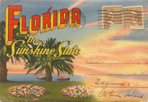 1949 Florida fold-out postcard #florida Vintage Americana Aesthetic, Florida Poster, Moving To Miami, Dorm Posters, Beach Posters, Vintage Florida, Post Stamp, Vintage Beach, Flag Design