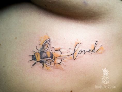 150+ Beautiful Bee Tattoos Designs With Meanings (2022) - TattoosBoyGirl Bumble Bee Memorial Tattoo, Watercolor Bumble Bee Tattoo, Watercolor Bee Tattoo Ideas, 4 Bees Tattoo, Bee Honey Tattoo, Queen Honey Bee Tattoo, Bee Watercolor Tattoo, Bee Hive Tattoos, Two Bees Tattoo