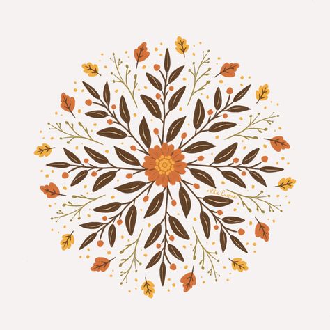 A mandala inspired by autumn and a limited color palette 🍂🍁🍃 Fall Mandala, Pumpkin Mandala, Autumn Mandala, Leaf Mandala, Drawing Mandalas, Nature Mandala, Limited Color Palette, I Love Drawing, Love Drawing