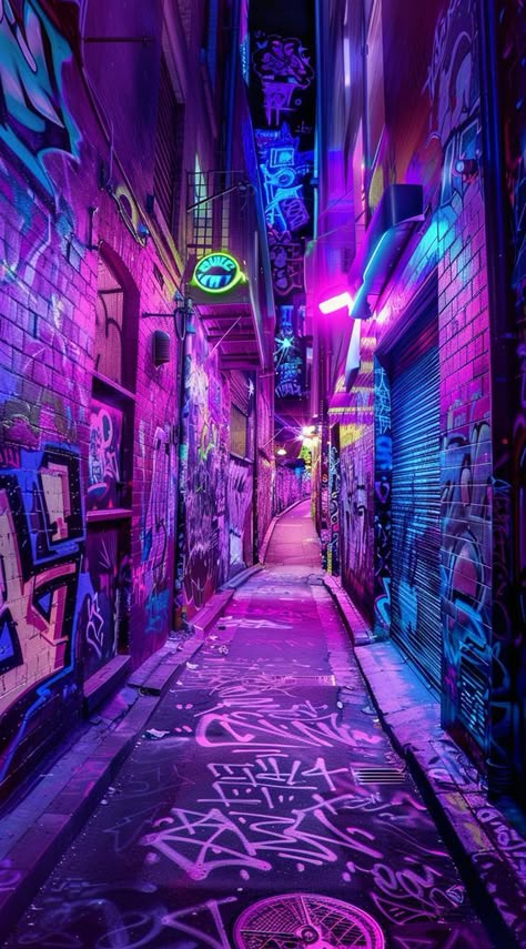 Cool Photo Backgrounds, Neon Graffiti Wallpaper, City Punk Aesthetic, Purple Street Aesthetic, Streetpunk Aesthetic, Animated City, Purple Places, Colorful Neighborhood, Neon Lights Aesthetic