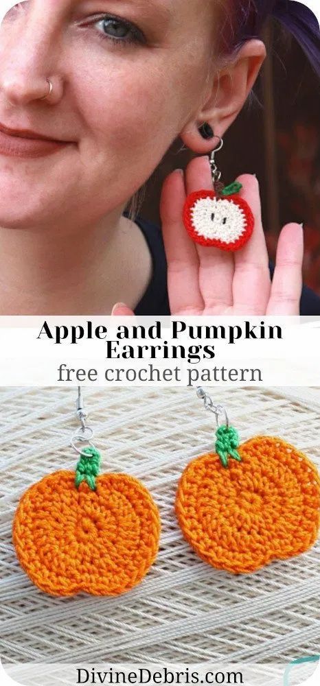 Learn to make the fun Fall Pumpkin/ Apple Earrings free crochet pattern by DivineDebris.com Crochet Earrings With Beads Free Pattern, Crochet Ghost Earrings Free Pattern, Crochet Pumpkin Earrings, Crochet Fall Earrings Free Pattern, Crochet Pumpkin Applique Free Pattern, Crochet Fall Earrings, Crochet Fall Patterns Free, Crochet Pumpkin Applique, Free Fall Crochet Patterns