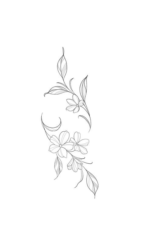 Tattoo Outline Drawing Stencil Ideas Flowers, Fine Lime Flower Tattoo, Tattoo Flash Art Fine Line, Flower Vine Tattoo Design, Fineline Flower Drawing, Carolina Jessamine Tattoo, Lei Tattoo Design, Flowers Band Tattoo, Delicate Floral Tattoo Design