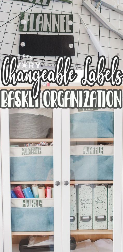 inside: Create easy DIY organizing labels for fabric baskets. These organization labels are perfect for organization tags for baskets or other bins. Create easy interchangeable vinyl labels. Storage Baskets Diy, Basket Labels, Sewing Storage, Fun Organization, Organizing Labels, How To Make Labels, Tote Organization, Fabric Storage Bins, Basket Organization