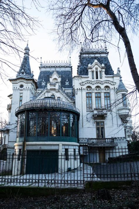 Kretzulescu Palace editorial image. Image of culture - 217821795 French Fence, Old House Design, Victorian Style House, Mansion Exterior, Beautiful Home Gardens, Dream Mansion, Victorian Mansions, Tower House, Fantasy Homes