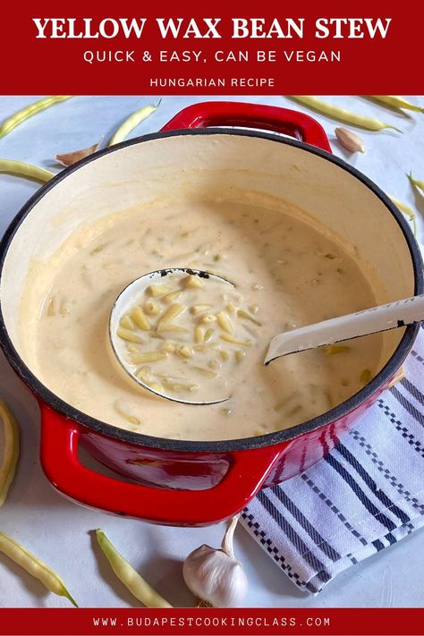 Creamy yellow wax bean stew is a wonderful summer meal made with freshly picked yellow wax beans, a good portion of sour cream, minced garlic and a pinch of paprika powder. It goes so well either by itself or as a side with fried eggs or sausages of frankfurter. This is a delicious summer dish, quick and easy recipe to make, done in 30 minutes. It can be served at room temperature, warmed, or my favorite, cold. You can make it vegan and gluten free. Wax Bean Soup, Yellow Beans Recipe, Yellow Wax Beans, Hungarian Cuisine, Wax Beans, Wax Bean, Summer Meal, Bean Stew, Vegetable Stew