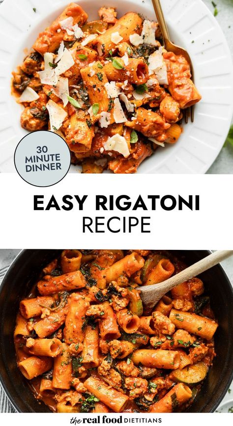 Overhead view rigatoni in skillet and in white bowl, topped with Parmesan cheese Pasta Ground Turkey, Rigatoni Recipes Easy, Ground Turkey Pasta Recipes, Creamy Rigatoni, Rigatoni Pasta Recipes, Rigatoni Recipe, Ground Turkey Pasta, Rigatoni Recipes, Turkey Pasta