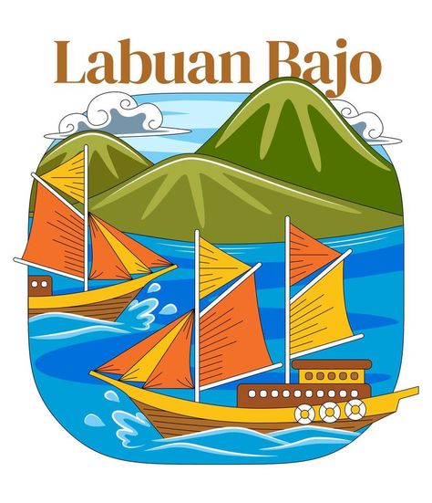 Labuan Bajo Vector Illustration Labuan Bajo, City Branding, Doodle Vector, Vector Banner, Labuan, Komodo, Palawan, Flat Design, Stock Vector