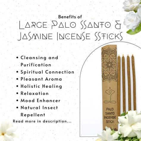 Elevate Your Space with Palo Santo & Jasmine Incense Sticks 🌿🌸 Experience the harmonious blend of sacred Palo Santo and sweet Jasmine. Crafted in Peru, each pack includes 4 large sticks for a lasting aromatic journey. Ideal for relaxation, meditation, and spiritual cleansing. Benefits: Spiritual Cleansing Stress Relief Enhances Meditation Natural Insect Repellent Immerse yourself in tranquility with our authentic Palo Santo & Jasmine Incense Sticks. 🕯️✨ #PaloSanto #Jasmine #IncenseSticks #... Spiritual Cleansing, Natural Insect Repellant, Mood Enhancers, Insect Repellent, Spiritual Connection, Incense Sticks, Holistic Healing, Repellent, Incense