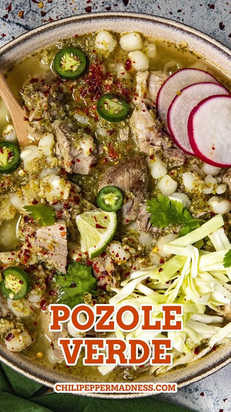 Pozole Verde served in a big bowl. Pozole Recipe Pork, Pasole Recipe, Pork Verde, Pozole Verde Recipe, Green Pozole, Pork Posole, Posole Recipe, Pozole Verde, Pozole Recipe