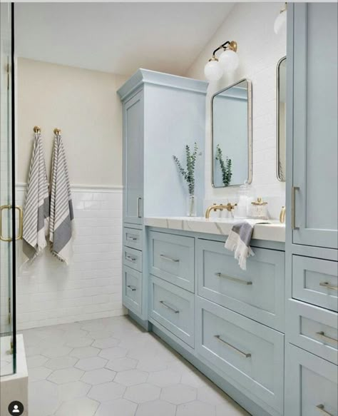 Two Vanity Bathroom Separate, Tiles Combination Bathroom, Tiles Combination, Bathroom Tiles Floor, Gray Bathroom Walls, Beachy Farmhouse, Light Grey Bathrooms, Light Blue Bathroom, Updated Bathroom