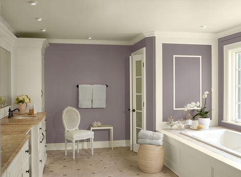 Benjamin Moore Paint Colors - Purple Bathroom Ideas - Fun & Fanciful Purple Bathroom - Paint Color Schemes . . . Walls - Wet Concrete (2114-40); Ceiling & Trim - Ivory Tusk (2153-70); Accent (Towels) - Stonington Gray (HC-170). Purple Bathroom Paint, Benjamin Moore Bathroom Colors, Modern Bathroom Colours, Neutral Bathroom Colors, Lavender Bathroom, Purple Paint Colors, Color Combinations Home, Purple Bathrooms, Bathroom Paint