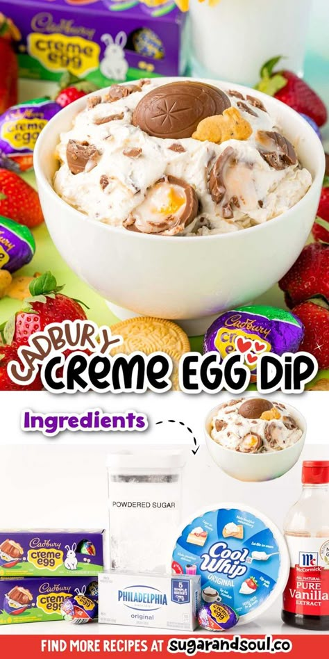 Cadbury Creme Egg Dip has a 4-ingredient creamy dip base that's then loaded with chopped-up pieces of sweet Cadbury creme eggs! Dessert Dips For Easter, Cadbury Dip, Cadbury Cream Egg Desserts, Cadbury Creme Egg Dip, Cadbury Creme Egg Recipes, Egg Dip, Cadbury Easter Eggs, Holiday Dessert Ideas, Easter Cupcakes Easy