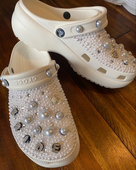 Add comfort and style with a pair of custom platform crocs! Bride Crocs Shoes, Wedding Crocs For Bride, Bride Crocs, Bridal Crocs, Wedding Crocs, Shoes For Brides, Wedding Platform, Platform Crocs, Bride Elegant