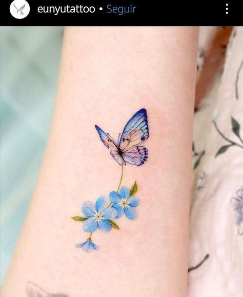 Memory Butterfly Tattoos, Butterfly Wrist Tattoos For Women, Delicate Butterfly Tattoo, Flower And Butterfly Tattoo, Miniature Tattoos, Blue Flower Tattoos, Pretty Flower Tattoos, Blue Butterfly Tattoo, Purple Tattoos