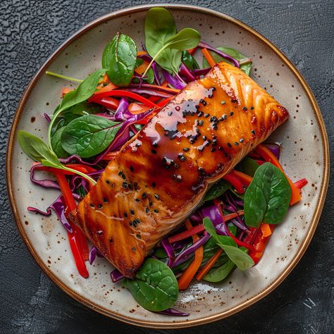 Reveal the chef in you with our exciting Low-Carb, Japanese Fusion recipe - Teriyaki-Seared Salmon with Yuzu Ginger Vinaigrette and Asian Slaw! With oven-seared salmon at its heart and a fresh, vibrant slaw, this dish is perfect to wow your family and friends. A unique, colourful, and delightful dish that teleports you to Japan in each bite! Ginger Vinaigrette, Vietnamese Dishes, Pan Fried Salmon, Asian Slaw, Seafood Entrees, Fusion Dishes, Seared Salmon, Asian Fusion, Fusion Food