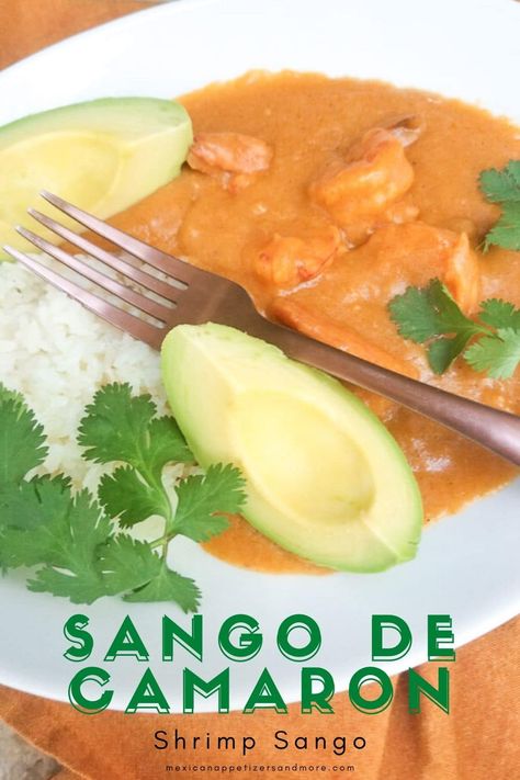 Sango de Camaron (Shrimp Sango) is one of the most delicious dishes you will ever come across in Latin Cuisine. Cooked in an easy and simple green plantain puree with succulent tender large shrimp served alongside white rice. #sangodecamaron #shrimpsango #ecuadoriandishes #sangodeverde #sangodecamaronecuatoriano #recetasecuatorianas #recetadesangodecamaron #recetadesango Plantain Puree, Plantain Fritters, Rice With Corn, Ecuadorian Food, Mexican Appetizers, Large Shrimp, Comfort Dishes, Recipe Board, Delicious Dishes