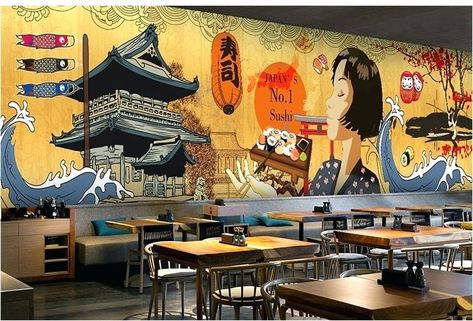 Nostalgic Restaurant, Mural Background, Wall Art Restaurant, Cooking Sushi, Japanese Restaurant Interior, Wallpaper Japanese, Japanese Restaurant Design, Restaurant Themes, Arte Ninja